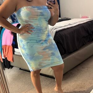 Fashion Nova Strapless Blue and Orange Dress